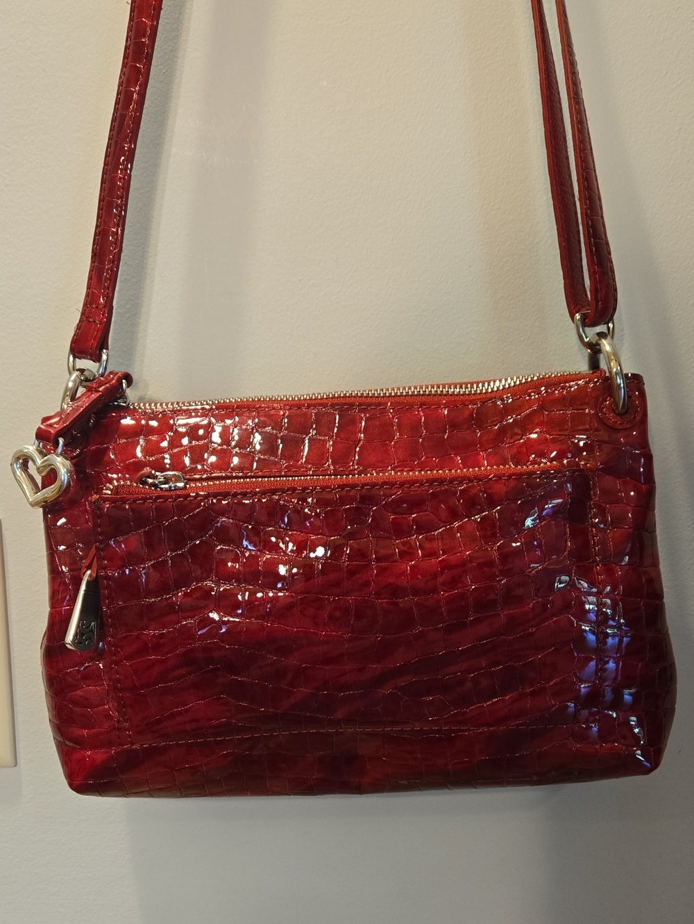 Brighton Handbag Bria Messenger Lipstick Red Patent Croc Embossed Crossbody Bag